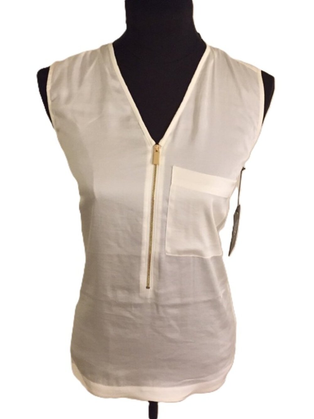 Vince Camuto Ivory Crinkly Satin Charmeuse Hi/Low Shirt w/Gold Zipper Front